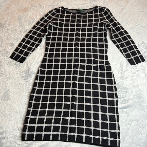 🎯NWOT Lauren Ralph Lauren Checkered Sweater Dress Black Size Small - Picture 2 of 10